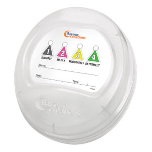 Printed sticker designed for cup lids, labelled with dysphagia fluid consistency levels: Level 1 slightly thick, Level 2 mildly thick, Level 3 moderately thick, and Level 4 extremely thick, used for safe drink identification.