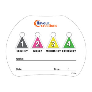 Sticker label for dysphagia cup lids indicating thickness levels 1 (slightly thick), 2 (mildly thick), 3 (moderately thick), and 4 (extremely thick)